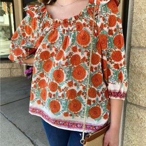 Ivy Jane Peasant Floral Blouse Womens S/M Off Shoulder Boho Hippie Cottagecore